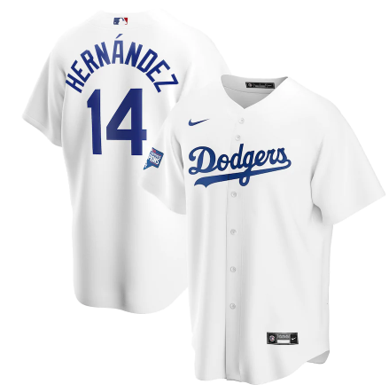 Men's Los Angeles Dodgers #14 Kiké Hernández White 2020 World Series Champions Home Patch Cool Base Stitched Jersey